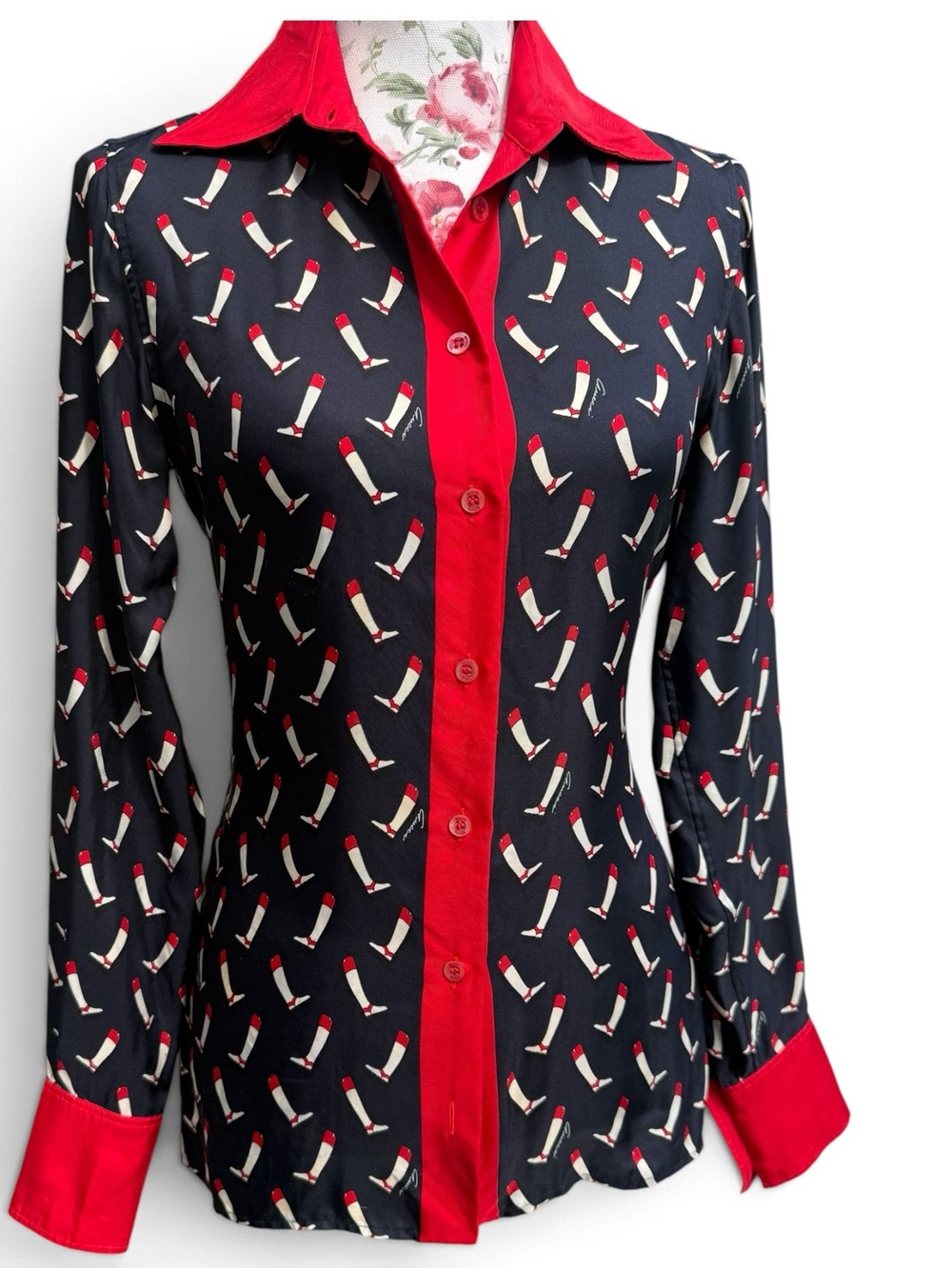 EUC Gucci Navy Button-Down Shirt with Red horse boots Motif